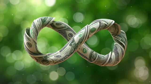 an infinity symbol made from dollar bills, concept of endless money and wealth. Bright green bokeh background