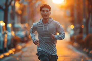 Morning runner enjoys the warm glow of sunrise in an urban street setting