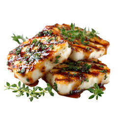 Savory Grilled Halloumi Cheese with Glaze and Thyme Isolated