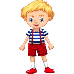 Blond Haired Boy Wearing Blue Striped T Shirt Red Shorts and Red Suspenders Standing on White Background