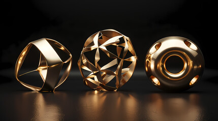 A set of three abstract golden geometric sculptures with intricate designs, presented on a reflective surface