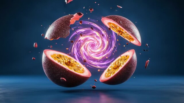 Vibrant Passion Fruit Exploding into a Colorful Swirl