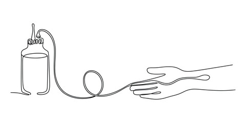 Continuous line art of intravenous drip connected to human hand