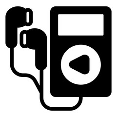 MP3 player with play button, wired headphones solid icon, portable electronics concept, music device sign on white background, glyph style for mobile web design. Vector graphics.