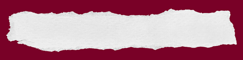 Realistic torn white paper strip positioned on a deep red background for creative graphic design, presentation layouts, web banners, and marketing visuals