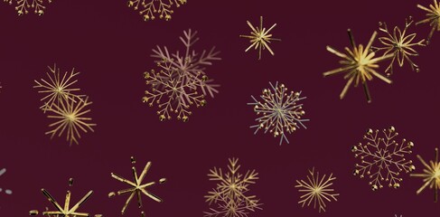 Festive background with detailed golden snowflakes against a rich maroon backdrop. Perfect for Christmas cards, winter design, or hol