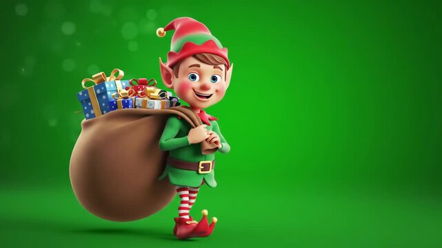 Cartoon elf carrying gifts in sack, walking on green background for holiday promotion