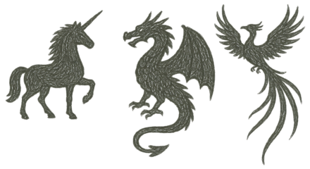 Fantasy creatures silhouette collection including a unicorn, dragon, and phoenix isolated on transparent background