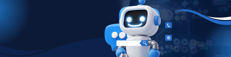 Friendly 3D chatbot robot character with speech bubble icons representing digital communication and AI assistance on modern dark blue technology background.
