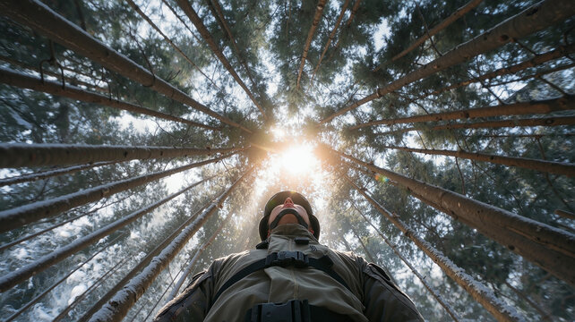 Contemplative soldier in uniform standing in a majestic winter pine forest, looking up towards the bright sun shining through tall treetops. - Powered by Adobe