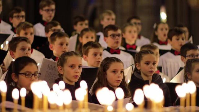 Children's choir singing in a church, lit by candles, during a performance. Useful for religious content