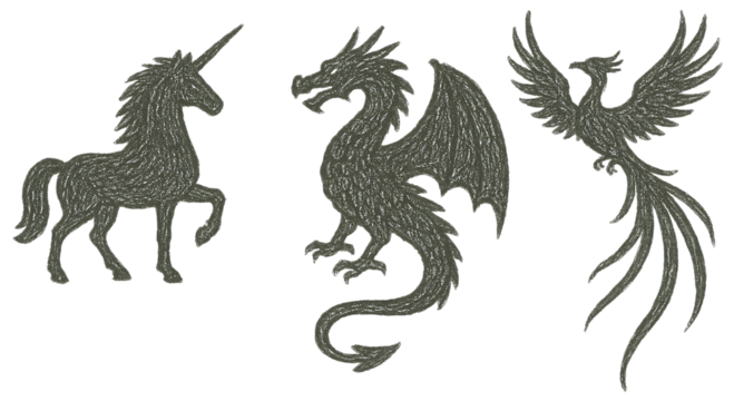 Fantasy creatures silhouette collection including a unicorn, dragon, and phoenix isolated on transparent background