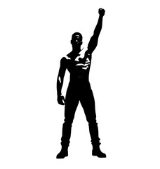 a silhouette of a muscular man raising his right arm in a celebratory gesturearm, black, catch, dance, gun, hand, handgun, man, muscle, pose, profile, stand, sword, weapon 