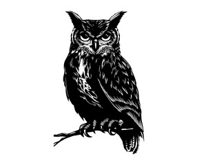 a black and white drawing of an owl sitting on a branchblack, branch, illustration, owl, perch, sit, white 