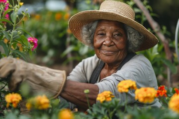 Elderly woman tending to vibrant flowers in a lush garden during a sunny day, showcasing her love for gardening and nature's beauty