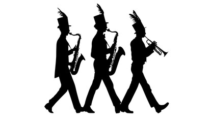 three silhouettes of three marching band members playing musical instrumentsinstrument, man, play, profile, sax, saxophonist, walk 