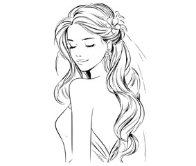 a line drawing of a woman with long hair and a flower in her hairbeautiful, braid, bride, cosmetic, flower, girl, hair, hairstyle, head, illustration, ponytail, veil, woman 