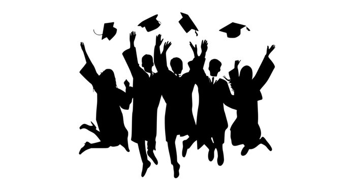 a group of graduates jumping and tossing their caps in the aircap, celebrate, cheer, confetti, gown, graduate, hat, jump, person, profile, sky, student, throw 