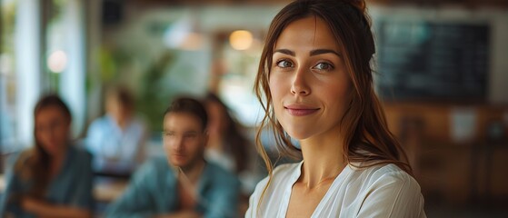 Woman in a bright cafe setting smiling while seated with friends during a casual meetup in the afternoon