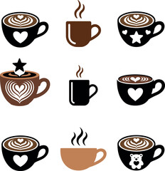 Stylish Coffee Cup Icon Set with Latte Art Hearts and Steam Elements Perfect for Cafe Menu and Barista Branding Design