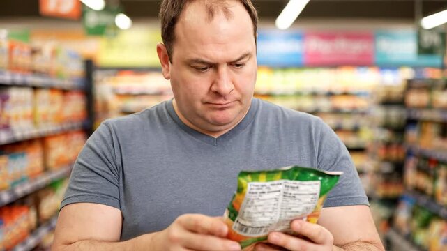Middle aged man in a grocery store aisle carefully reading the nutritional facts and ingredients on a food package, feeling confused