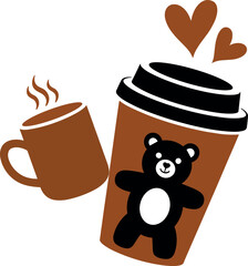 Adorable Coffee Cup with Teddy Bear and Heart Steam Minimal Vector Illustration for Cute Cafe and Beverage Branding