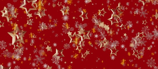 Christmas background with golden stars and snowflakes on a red background, perfect for holiday greetings and festive designs. Evokes © vegefox.com