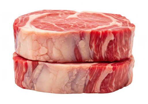 Two raw ribeye steaks stacked top of each other