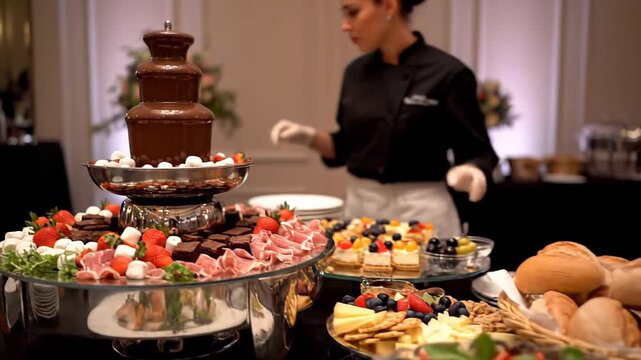 Elegant catering buffet with a variety of delicious appetizers, salads, desserts, and a chocolate fountain ready for a special event