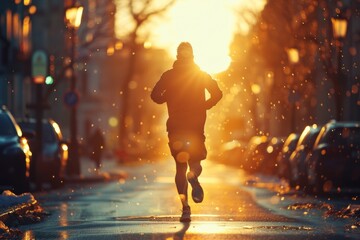 Runner enjoying a warm evening jog on a sunlit city street as golden light filters through the trees and sparkles in the air