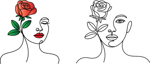 Modern Abstract One Line Woman Portrait with Red Rose and Green Leaf Elegant Botanical Art Design