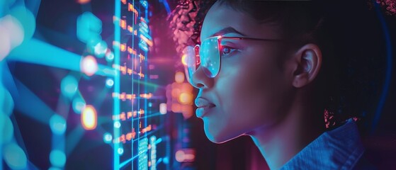 Young woman focused on digital data display in a high-tech environment while analyzing information during evening hours