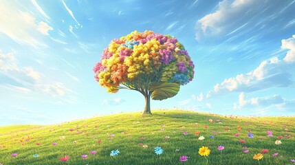 Vibrant, whimsical tree bursts with rainbow colors on a sunlit, flower-dotted meadow under a vast, cloud-streaked blue sky