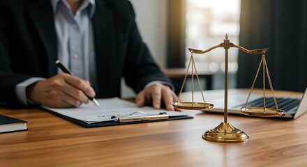 Attorney signing legal documents at desk with scales of justice