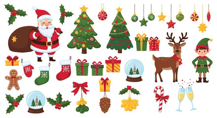 A colorful and festive Christmas vector illustration set featuring Santa Claus with a gift sack, Christmas trees decorated with ornaments and candy, wrapped presents, Cute Christmas Holiday Vector Set