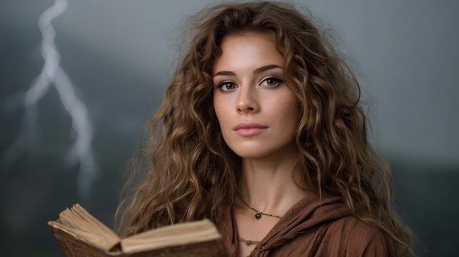 A young woman with curly hair reads an ancient book amidst a dramatic lightning storm