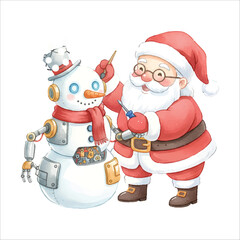 Santa Building Snow Robot Watercolor Vector
