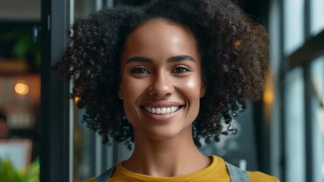 A smiling woman with curly hair stands in a brightly lit shop, wearing an apron, embodying small business success and warmth.