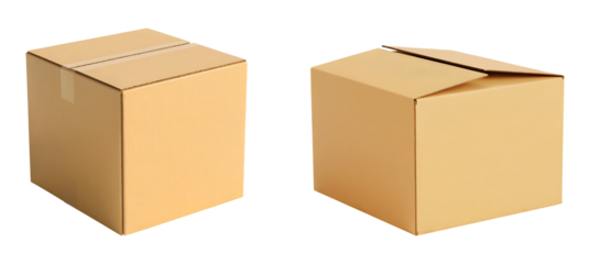 Two cardboard moving boxes ready for shipping or storage perfectly sealed and unsealed isolated on png transparent background
