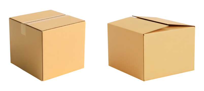Two cardboard moving boxes ready for shipping or storage perfectly sealed and unsealed isolated on png transparent background - Powered by Adobe
