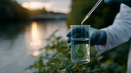 A realistic scientific close-up photograph in landscape orientation (16:9 aspect ratio), showing a scientistâs gloved hands performing a water quality test outdoors. One hand holds