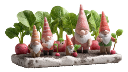 Playful garden gnomes among vibrant radishes in a whimsical setting. or transparent background