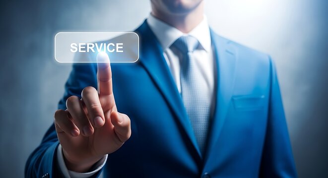 Businessman in a blue suit pressing a service button on a virtual screen