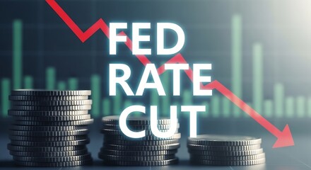 Federal reserve rate cut concept with falling arrow and stack of coins