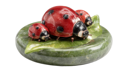 Beautiful decorative ladybug figurines on a green leaf. or transparent background