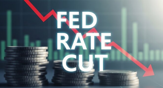 Federal reserve rate cut concept with falling arrow and stack of coins