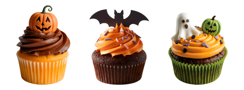 Delightful Halloween cupcakes featuring spooky pumpkin ghost and bat decorations for festive celebrations isolated on png transparent background