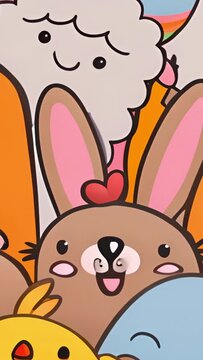 Vertical video: Cluster of animals showing against pink backdrop, with bunny chick sheep and carrot