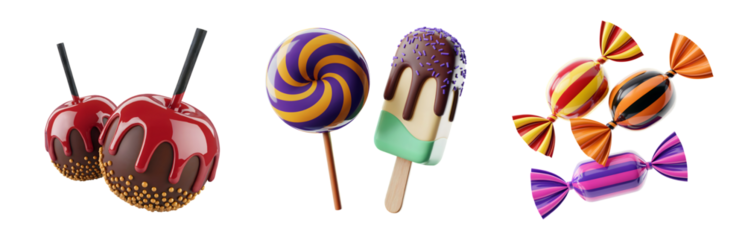 3d Indulge in sweet delights candy apples lollipop ice cream and wrapped candies for festive occasions isolated on png transparent background