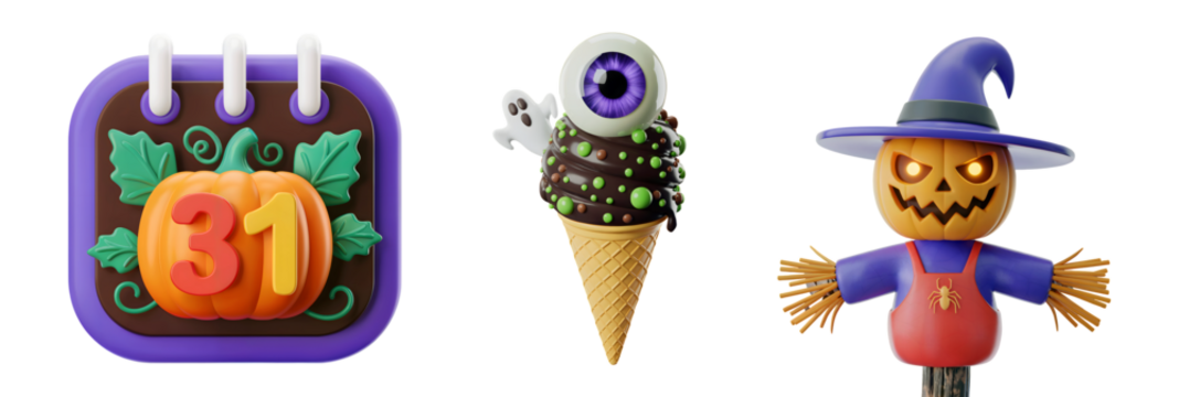 3d Spooky Halloween icons calendar pumpkin ice cream and scarecrow festive celebrations and decorations isolated on png transparent background
